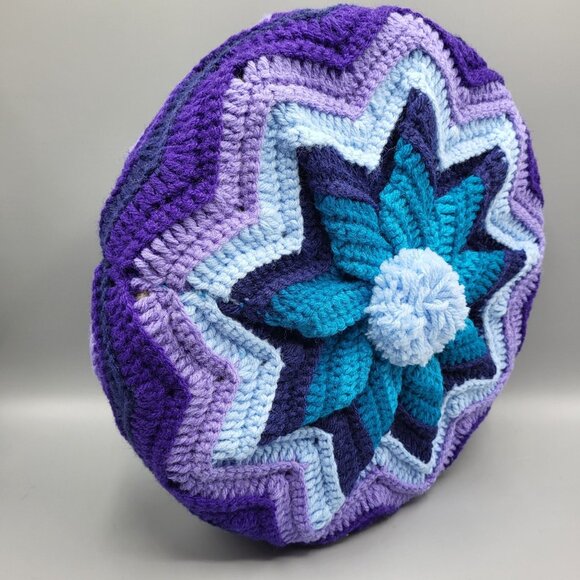 Vtg Crochet Round Granny Throw Pillow Navy Blue Purple Yarn Ruffled Handmade - Picture 4 of 11
